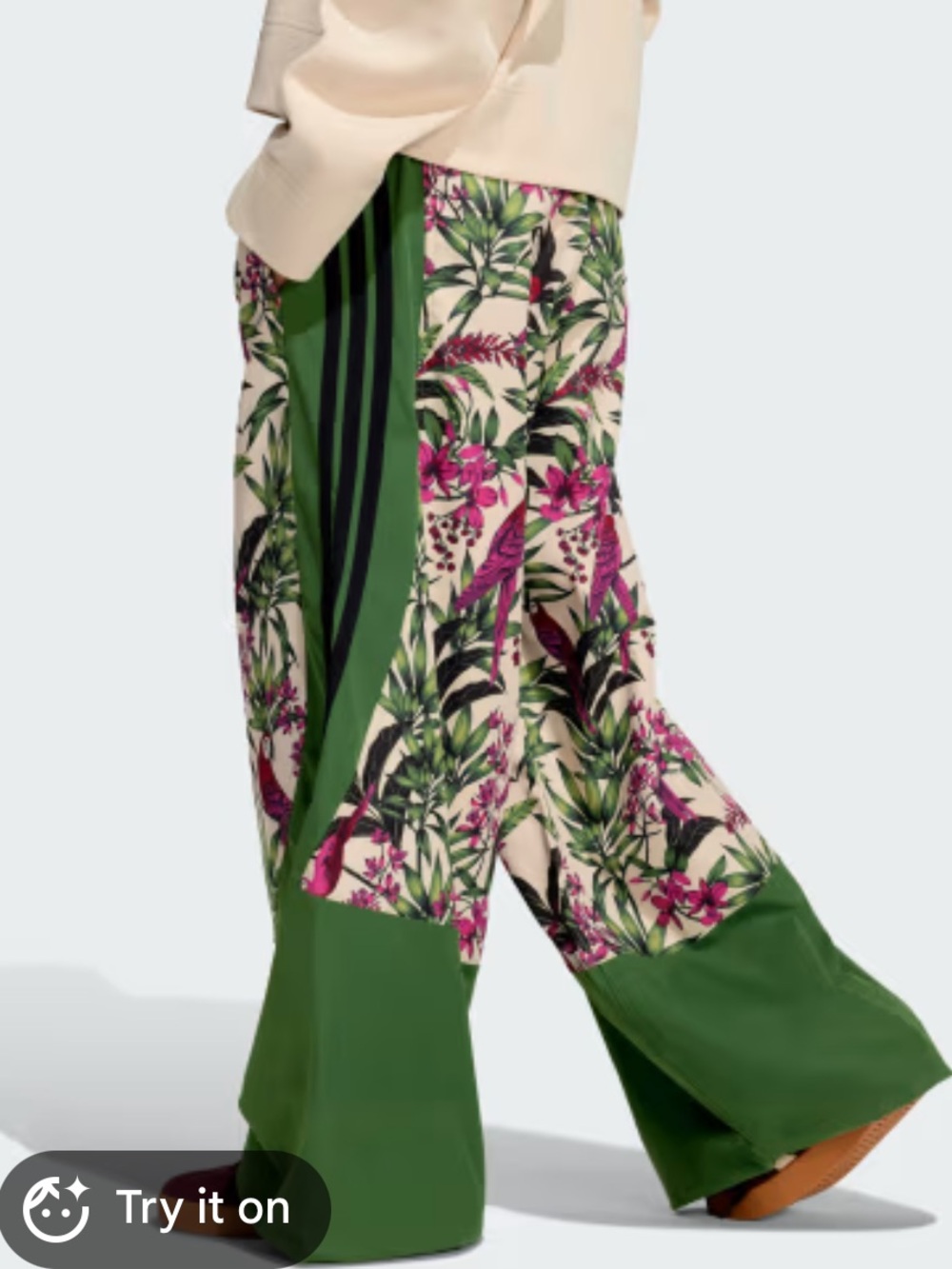 adidas x Farm Rio Premium Green and Pink Tropical Print Wide Leg Pants - Picture 3 of 6